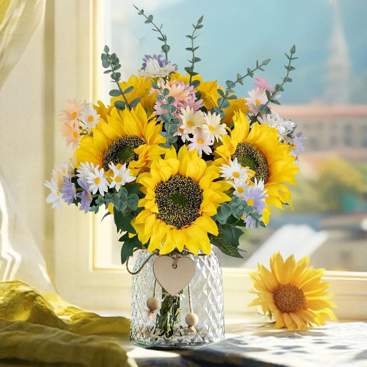 Sunflower Fake Flowers in Vase: Sunflowers Artificial Flowers with Vase for Table Centerpieces Decor - Silk Flower Bouquet Faux Arrangements Kitchen Bathroom Wedding Party Decoration